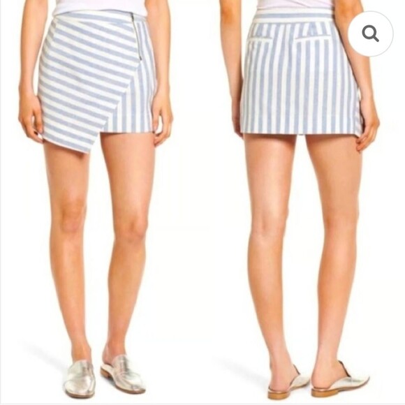 Rebecca Minkoff Asymmetrical Wrap Mini Skirt Sz XS Stripes Blue Linen Cotton - Picture 1 of 9